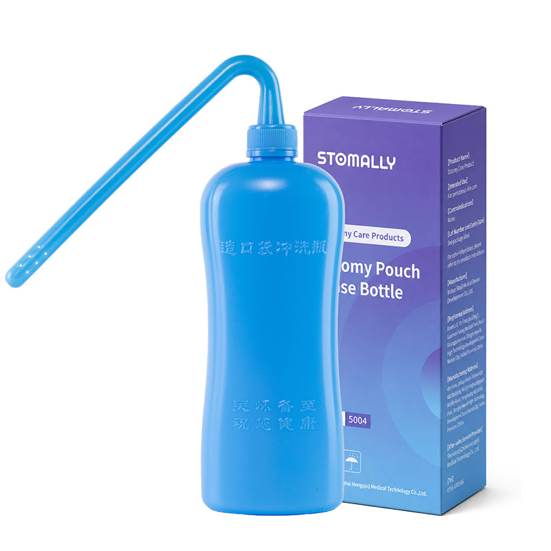 STOMALLY ostomy pouch rinse bottle, model 5004, 600 mL with flexible tube and 13-hole rinse head