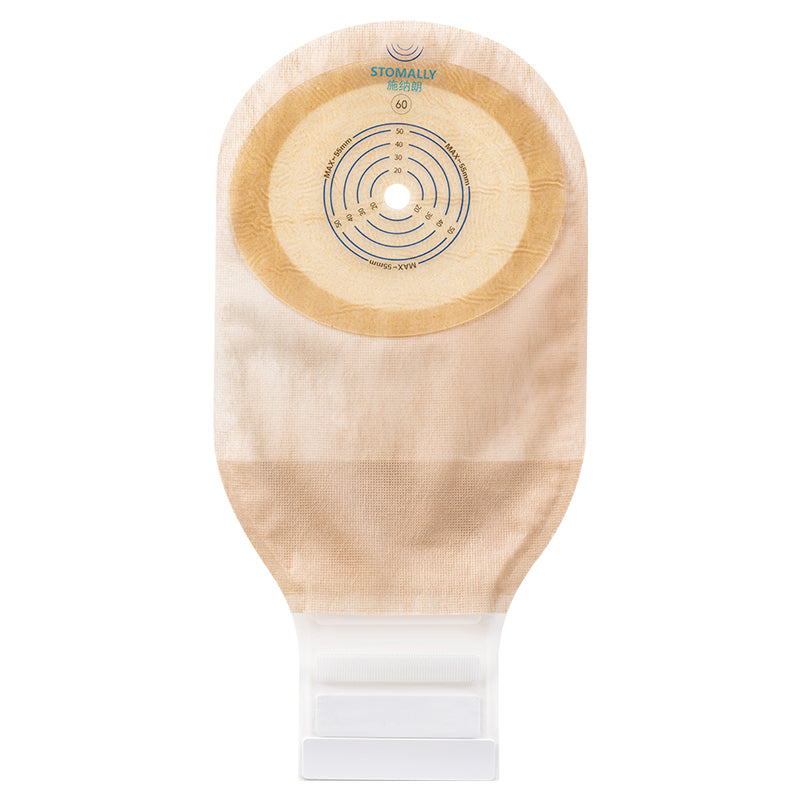 STOMALLY one-piece drainable ostomy pouch, model 12676E, 600 mL with flat 10–75 mm cut-to-fit barrier