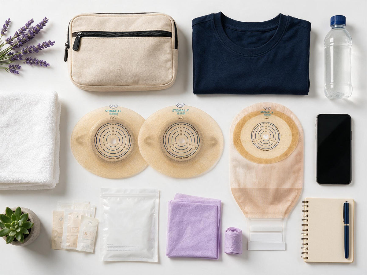 Discreet day kit with generic ostomy pouching supplies and personal items