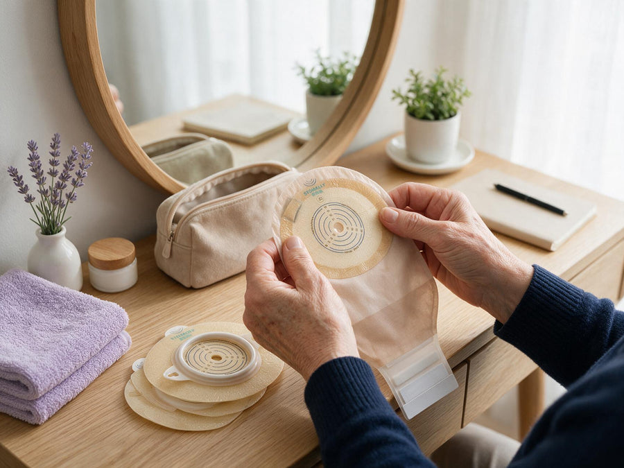 Person preparing everyday ostomy supplies
