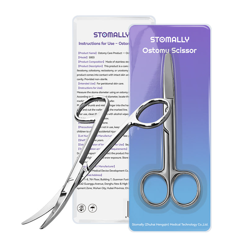 STOMALLY curved ostomy barrier scissors, model 5003, 14 cm stainless steel with blunt tips