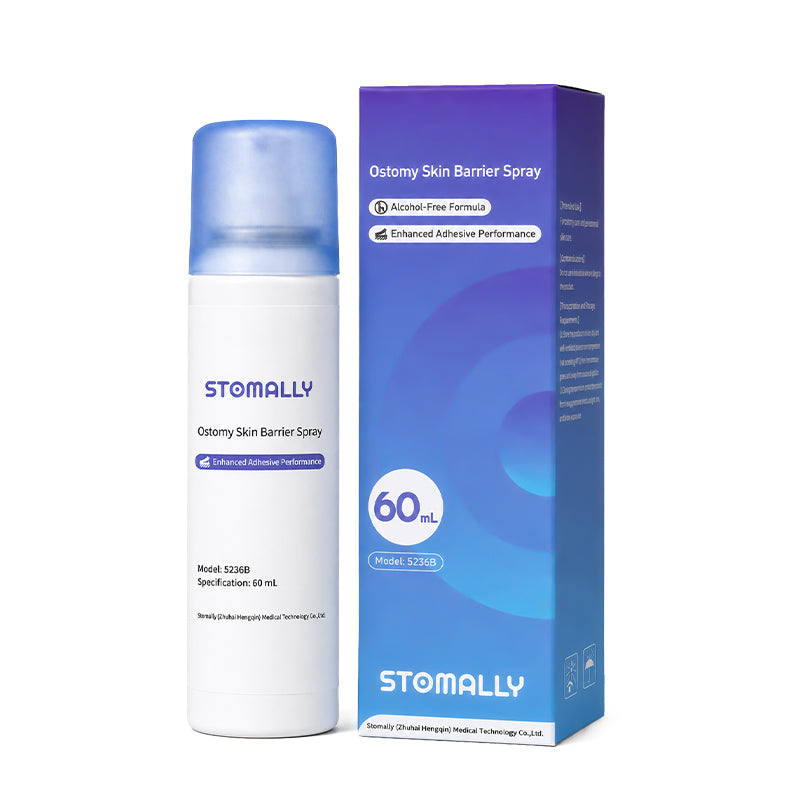 STOMALLY alcohol-free ostomy skin barrier spray, model 5236B, 60 mL with fan nozzle