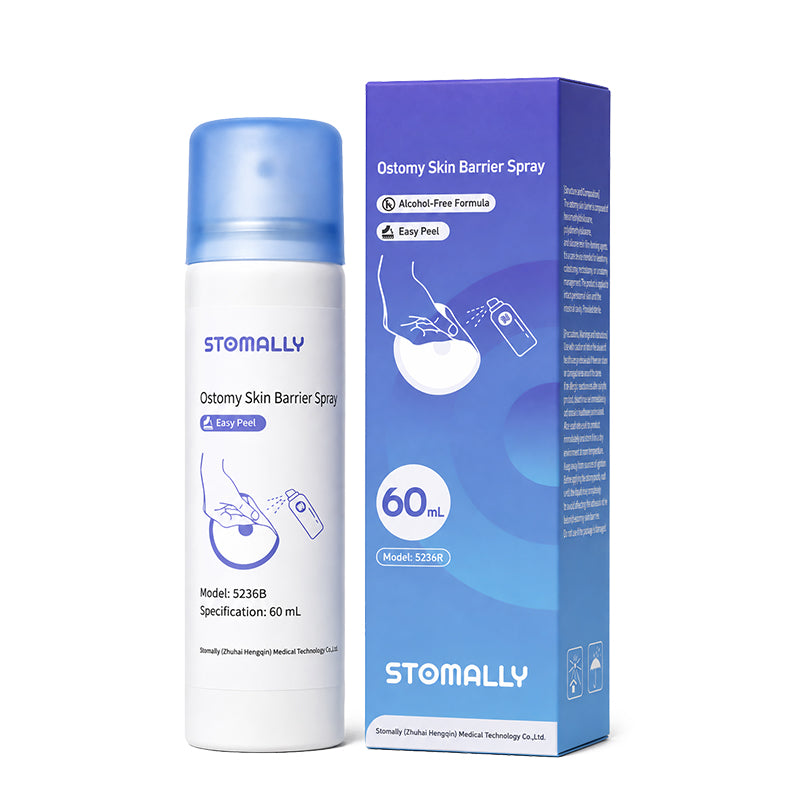 STOMALLY alcohol-free ostomy adhesive remover spray, model 5236R, 60 mL with cone nozzle