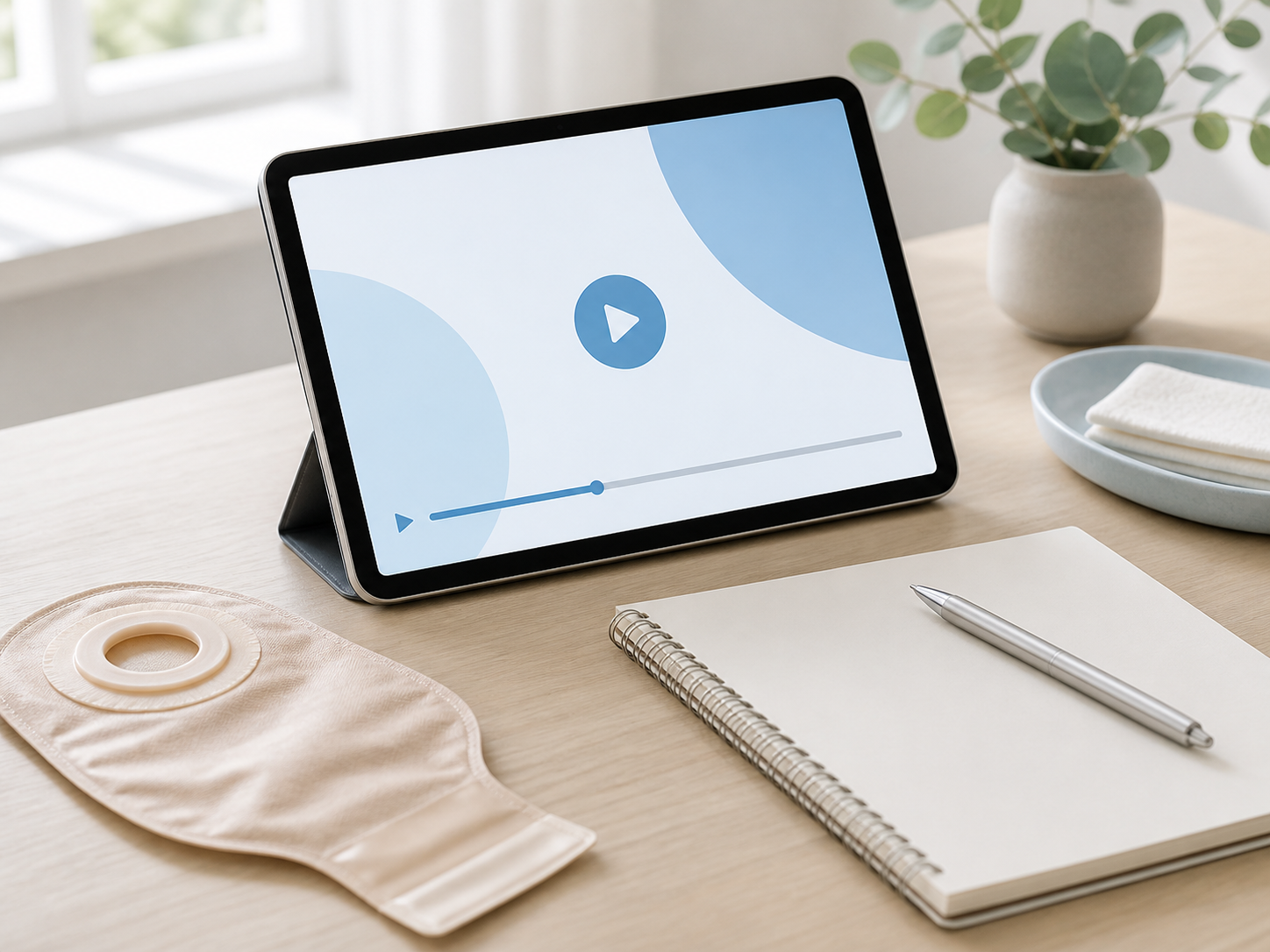 Tablet and ostomy care supplies arranged for an educational video guide